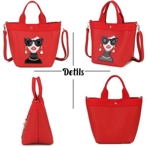 Quirky Lady Face Handbag - PU Leather Satchel, Top Handle Shoulder Bag - Picture 5 of 6